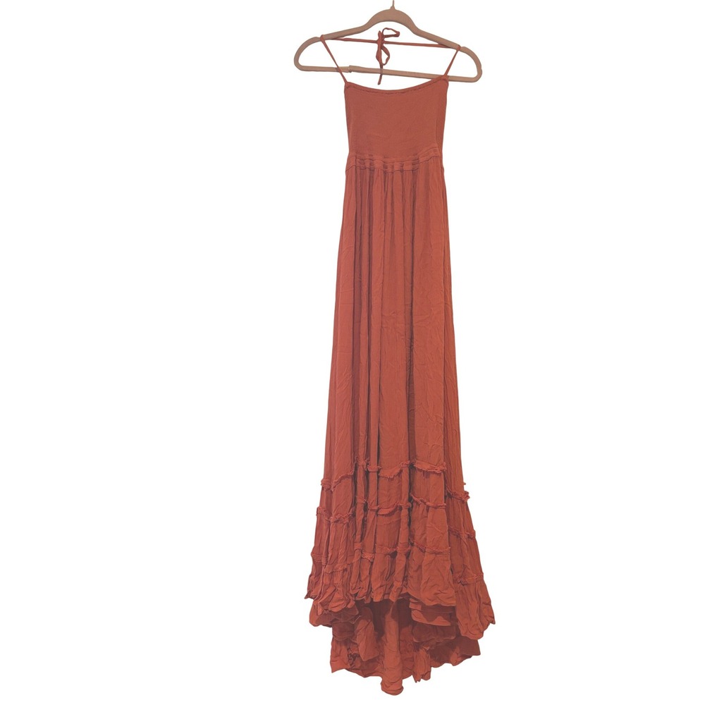 Free People oversized XS boho coral orange crinkle maxi dress ruffles new tags J